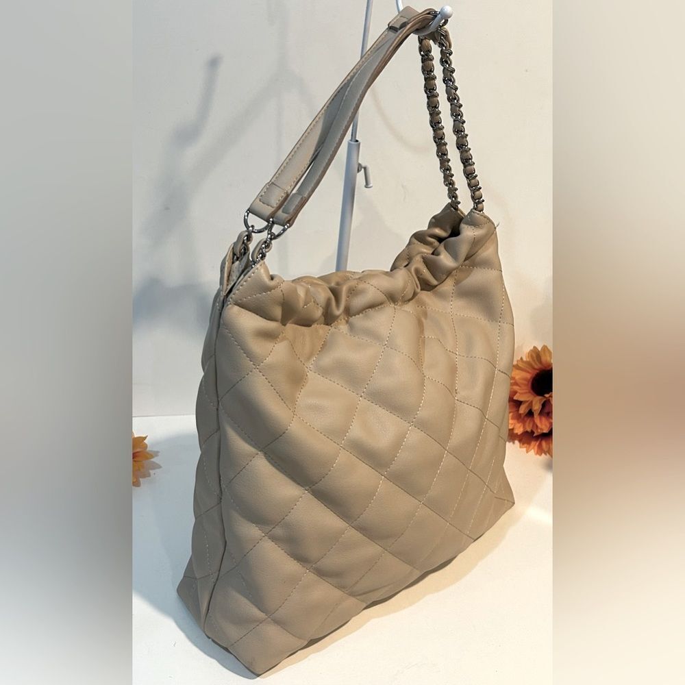 INC International Concepts Tan Quilted Chain Shoulder Bag Hobo Tote - Picture 7 of 13